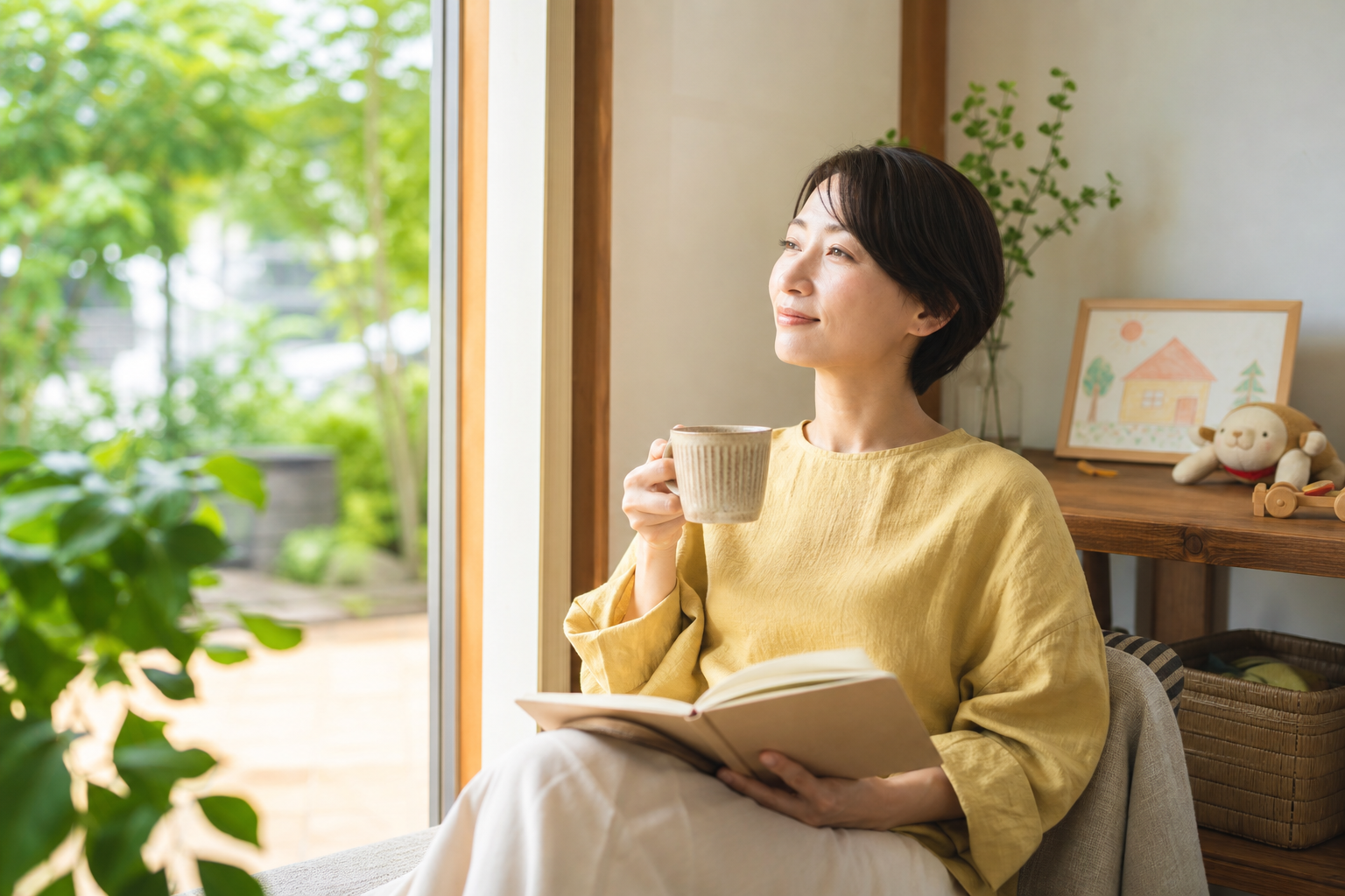 窓辺でお茶を飲みながら自分を整える親の写真