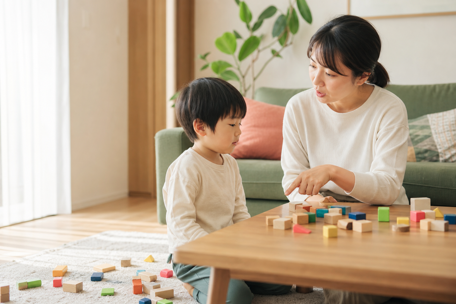 おもちゃを前に落ち着いて子どもへ話す親子の写真